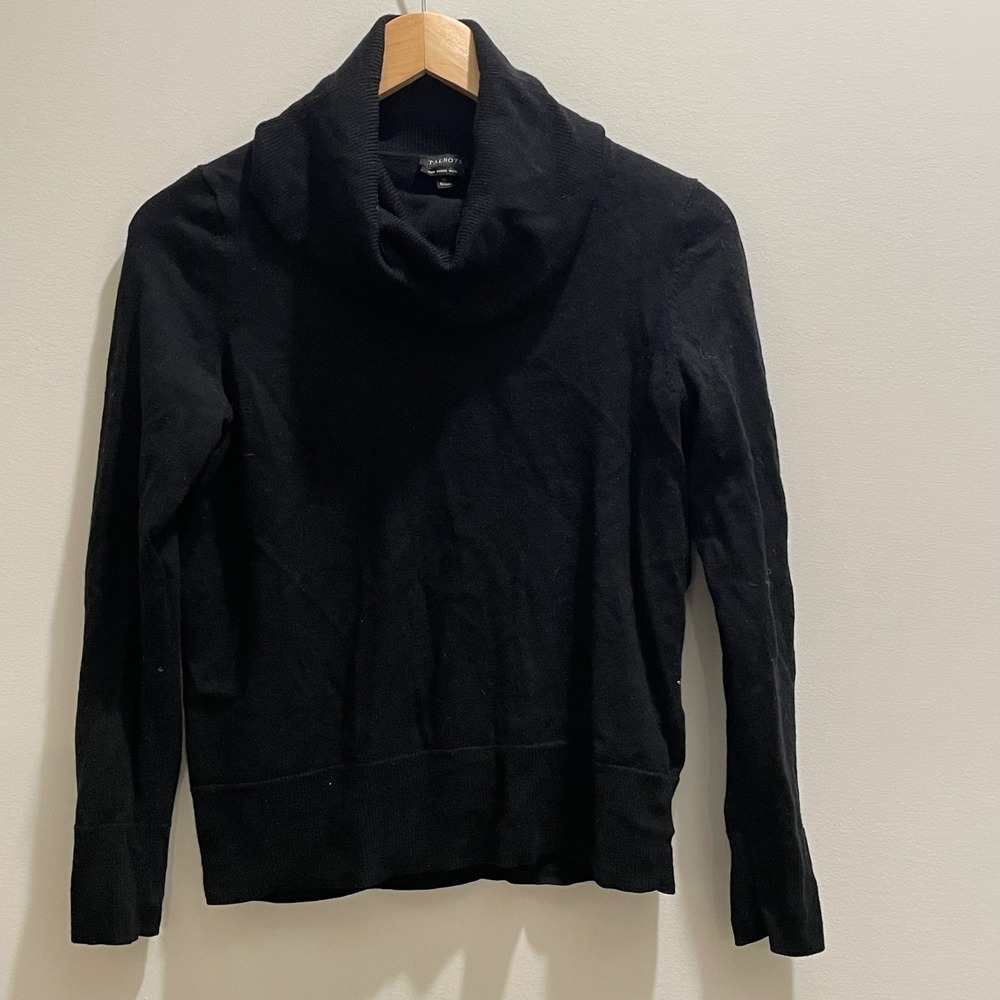 Talbots Black 100% Pure Merino Wool Cowl Neck Button Cuff Sweater Mens Medium